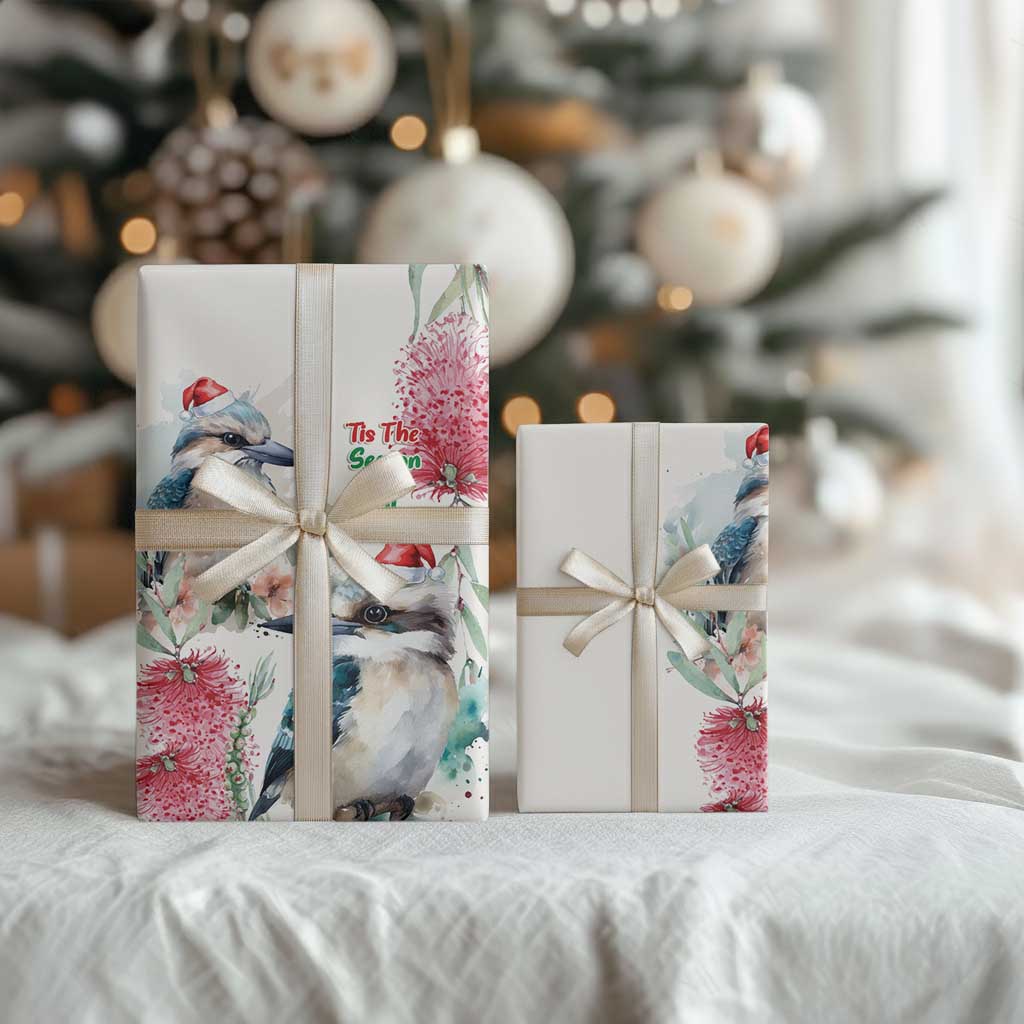 Australia Christmas Wrapping Paper Jolly Kookaburra Bottlebrush Watercolor - Aussie Hoodie