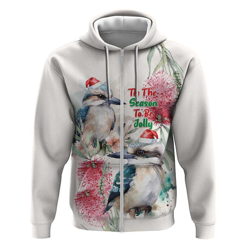 Australia Christmas Zip Hoodie Jolly Kookaburra Bottlebrush Watercolor - Aussie Hoodie