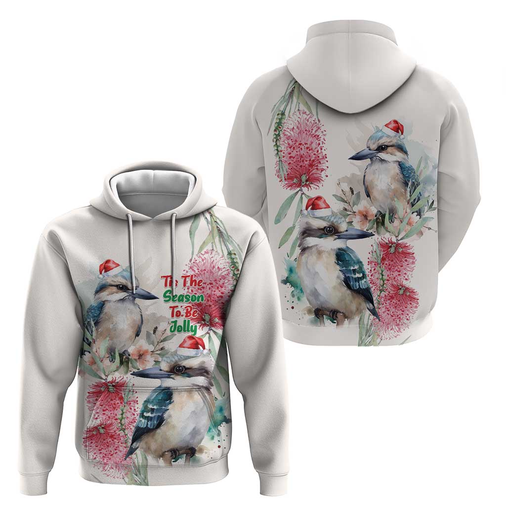 Australia Christmas Zip Hoodie Jolly Kookaburra Bottlebrush Watercolor - Aussie Hoodie