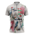 Australia Christmas Zipper Polo Shirt Jolly Kookaburra Bottlebrush Watercolor - Aussie Hoodie