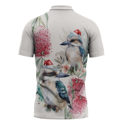 Australia Christmas Zipper Polo Shirt Jolly Kookaburra Bottlebrush Watercolor - Aussie Hoodie