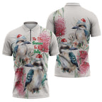 Australia Christmas Zipper Polo Shirt Jolly Kookaburra Bottlebrush Watercolor - Aussie Hoodie