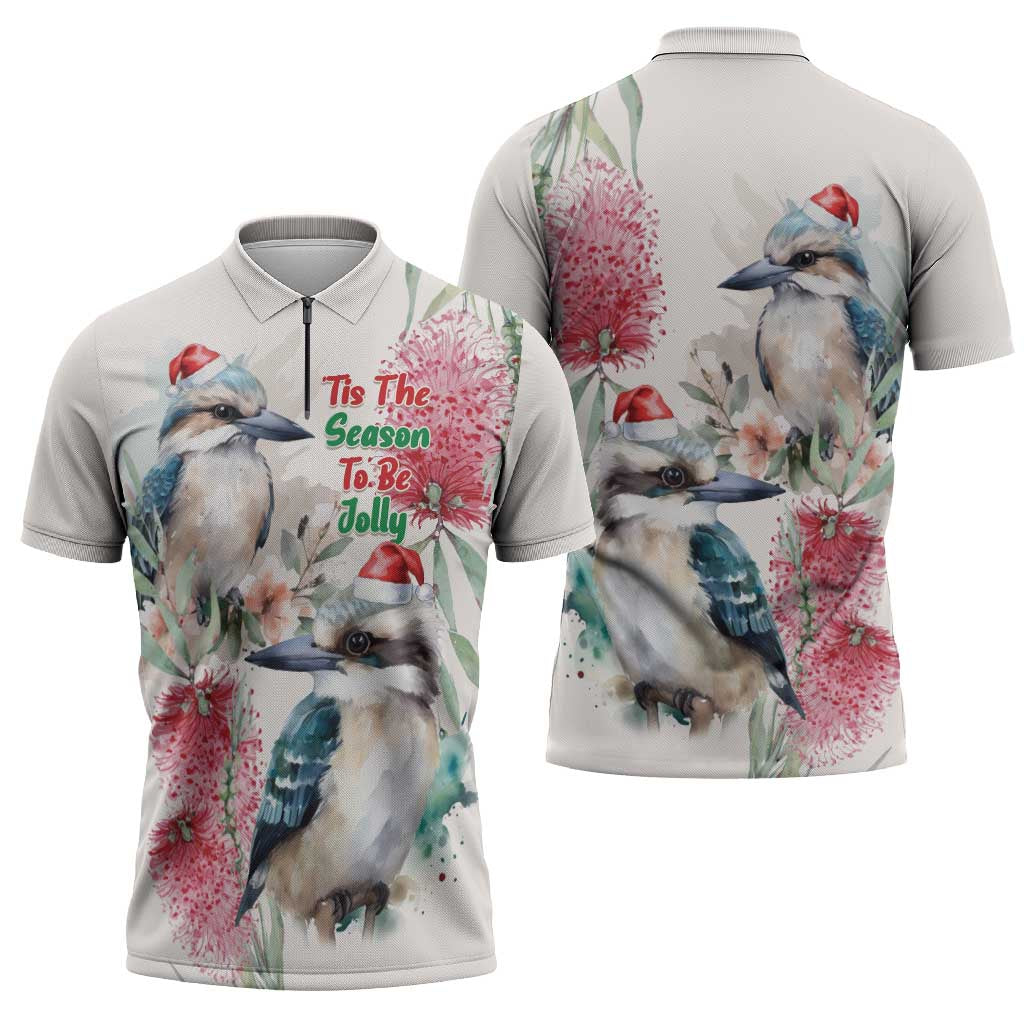 Australia Christmas Zipper Polo Shirt Jolly Kookaburra Bottlebrush Watercolor - Aussie Hoodie