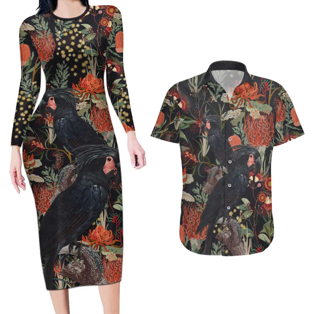 Australia Palm Cockatoo Couples Matching Long Sleeve Bodycon Dress and Hawaiian Shirt Aussie Native Flowers - Aussie Hoodie