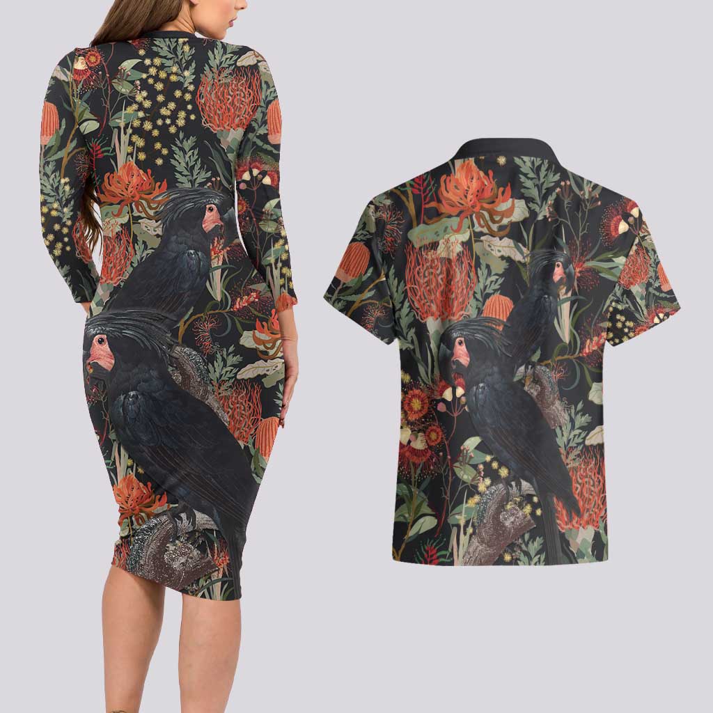 Australia Palm Cockatoo Couples Matching Long Sleeve Bodycon Dress and Hawaiian Shirt Aussie Native Flowers - Aussie Hoodie