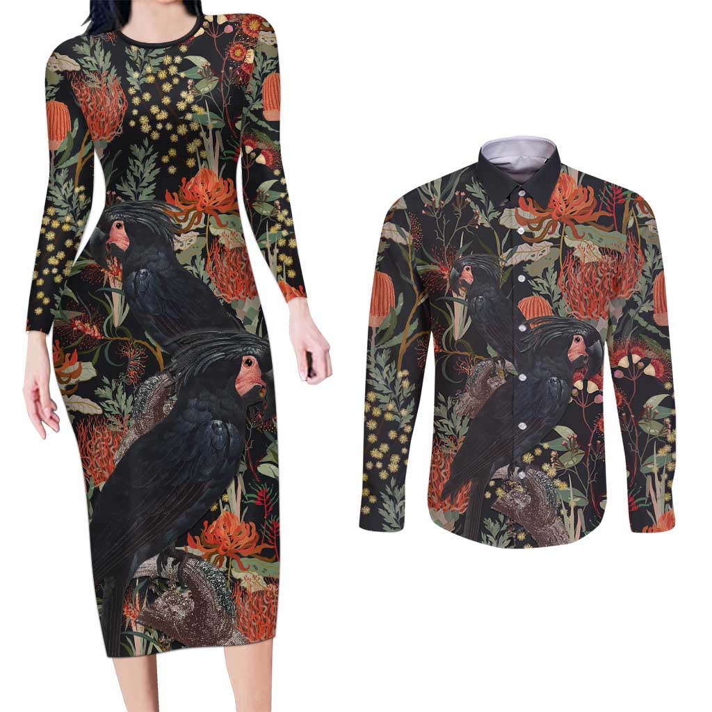 Australia Palm Cockatoo Couples Matching Long Sleeve Bodycon Dress and Long Sleeve Button Shirt Aussie Native Flowers - Aussie Hoodie