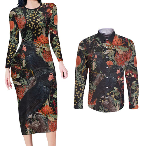 Australia Palm Cockatoo Couples Matching Long Sleeve Bodycon Dress and Long Sleeve Button Shirt Aussie Native Flowers - Aussie Hoodie