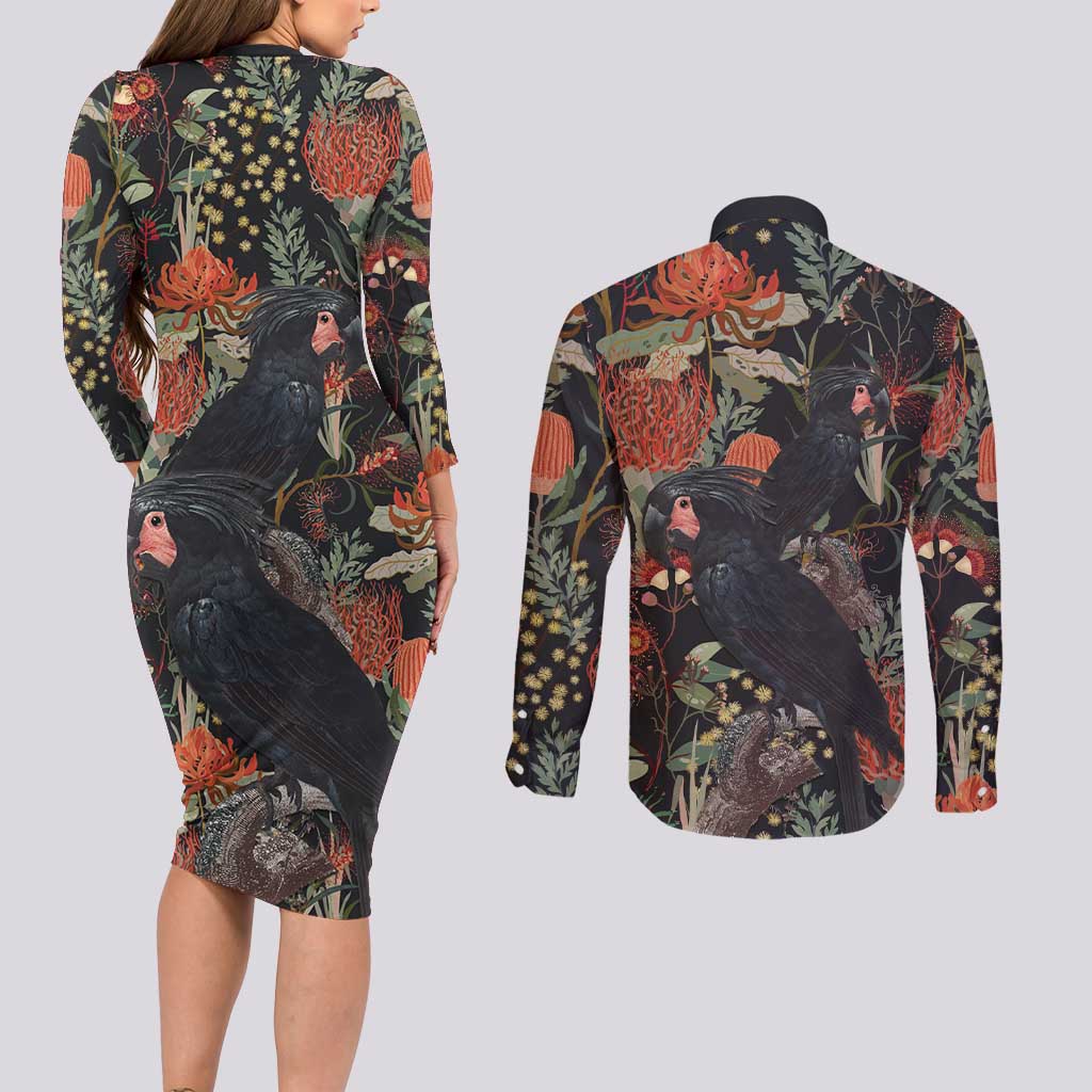 Australia Palm Cockatoo Couples Matching Long Sleeve Bodycon Dress and Long Sleeve Button Shirt Aussie Native Flowers - Aussie Hoodie