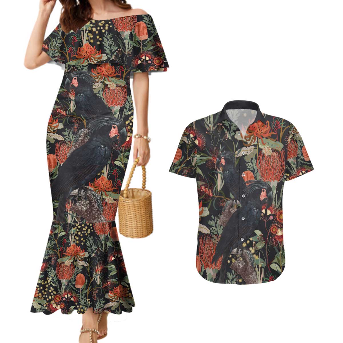 Australia Palm Cockatoo Couples Matching Mermaid Dress and Hawaiian Shirt Aussie Native Flowers - Aussie Hoodie