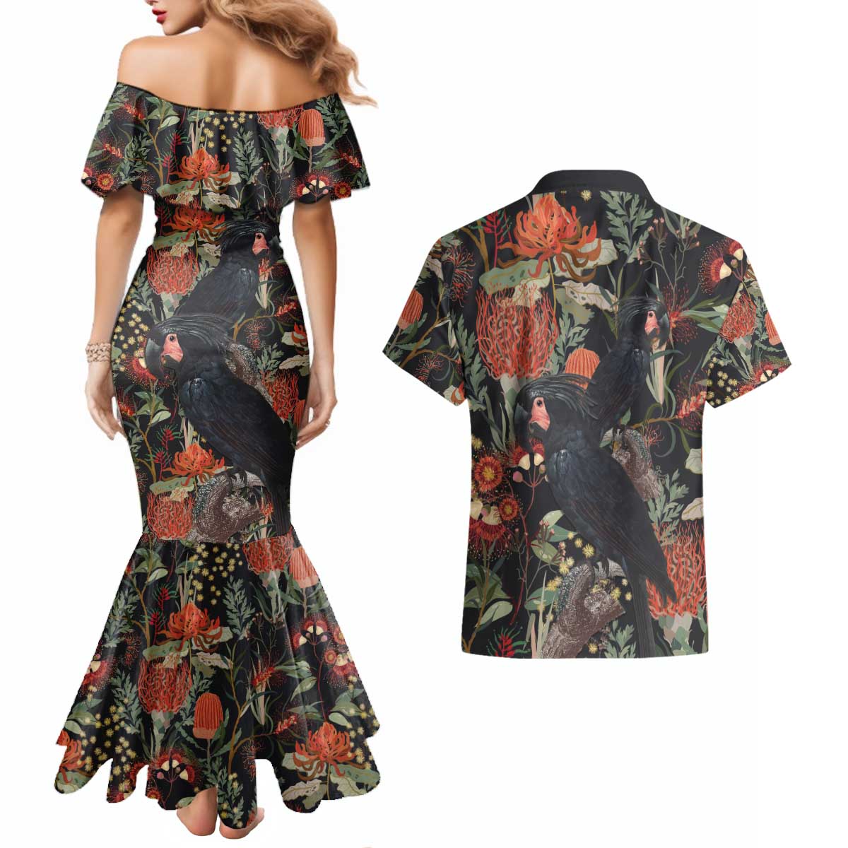 Australia Palm Cockatoo Couples Matching Mermaid Dress and Hawaiian Shirt Aussie Native Flowers - Aussie Hoodie