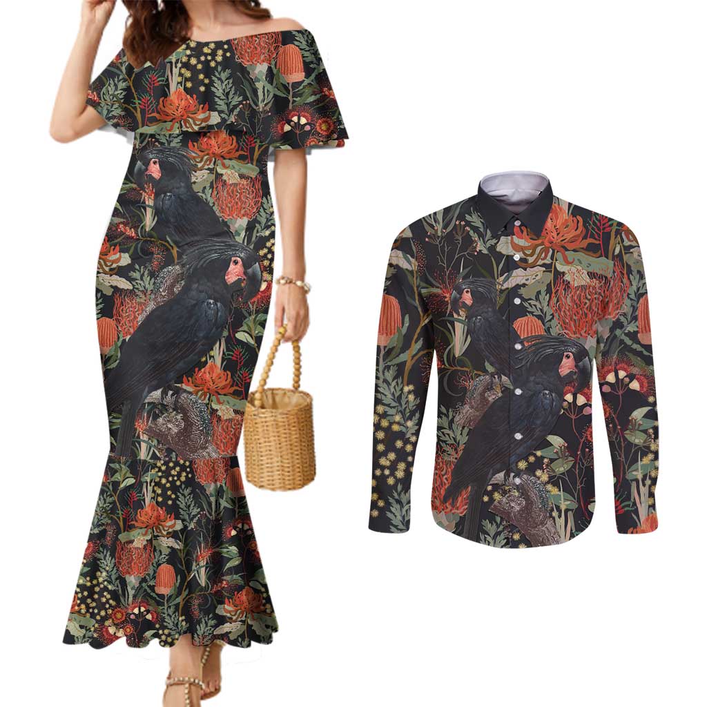 Australia Palm Cockatoo Couples Matching Mermaid Dress and Long Sleeve Button Shirt Aussie Native Flowers - Aussie Hoodie