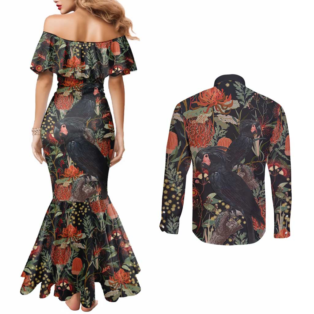 Australia Palm Cockatoo Couples Matching Mermaid Dress and Long Sleeve Button Shirt Aussie Native Flowers - Aussie Hoodie