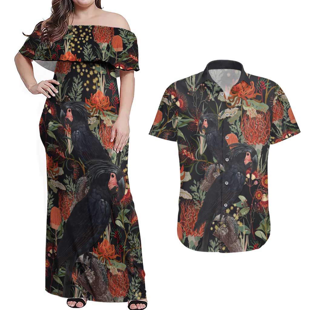 Australia Palm Cockatoo Couples Matching Off Shoulder Maxi Dress and Hawaiian Shirt Aussie Native Flowers - Aussie Hoodie