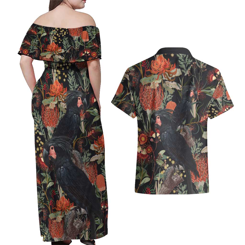 Australia Palm Cockatoo Couples Matching Off Shoulder Maxi Dress and Hawaiian Shirt Aussie Native Flowers - Aussie Hoodie