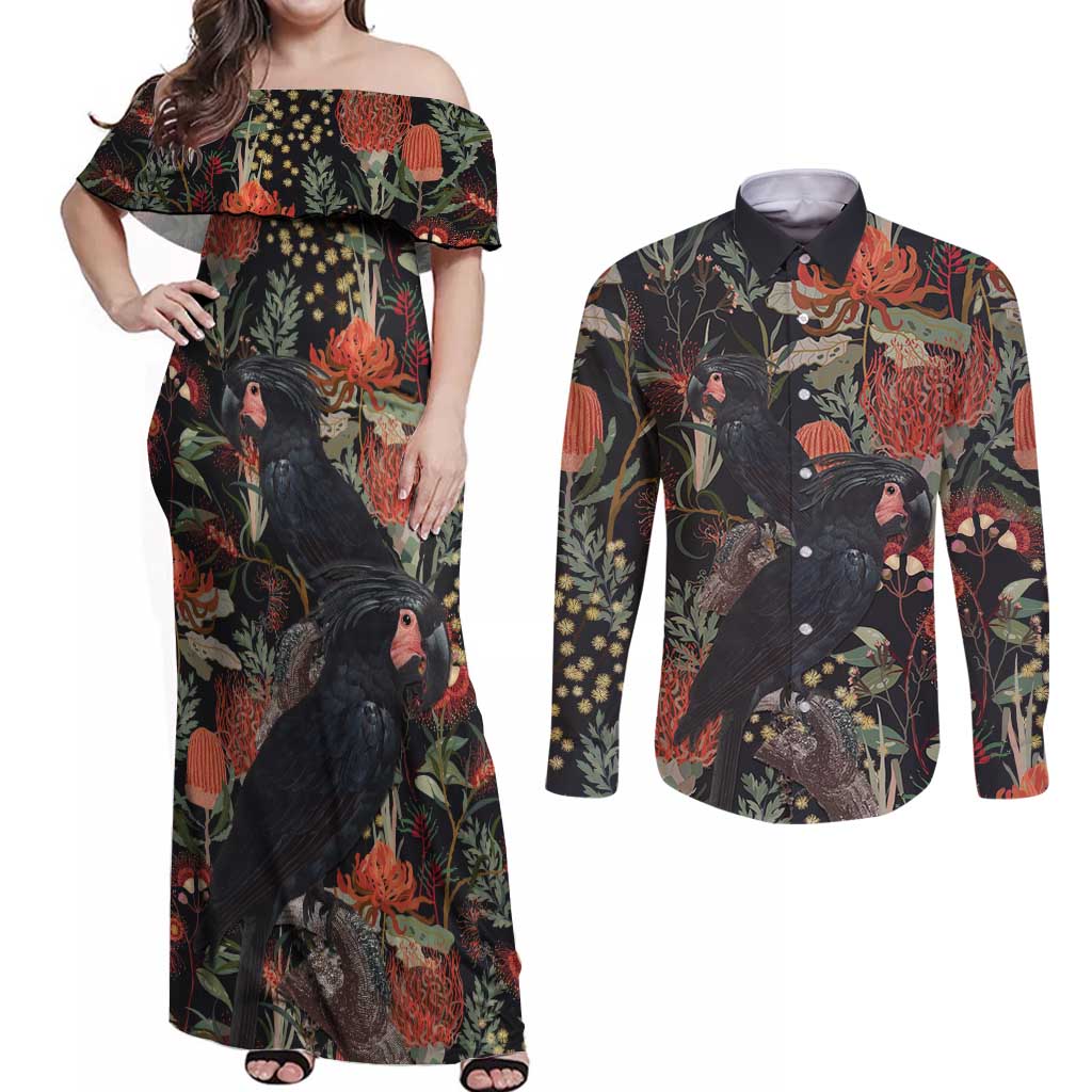 Australia Palm Cockatoo Couples Matching Off Shoulder Maxi Dress and Long Sleeve Button Shirt Aussie Native Flowers - Aussie Hoodie