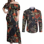 Australia Palm Cockatoo Couples Matching Off Shoulder Maxi Dress and Long Sleeve Button Shirt Aussie Native Flowers - Aussie Hoodie