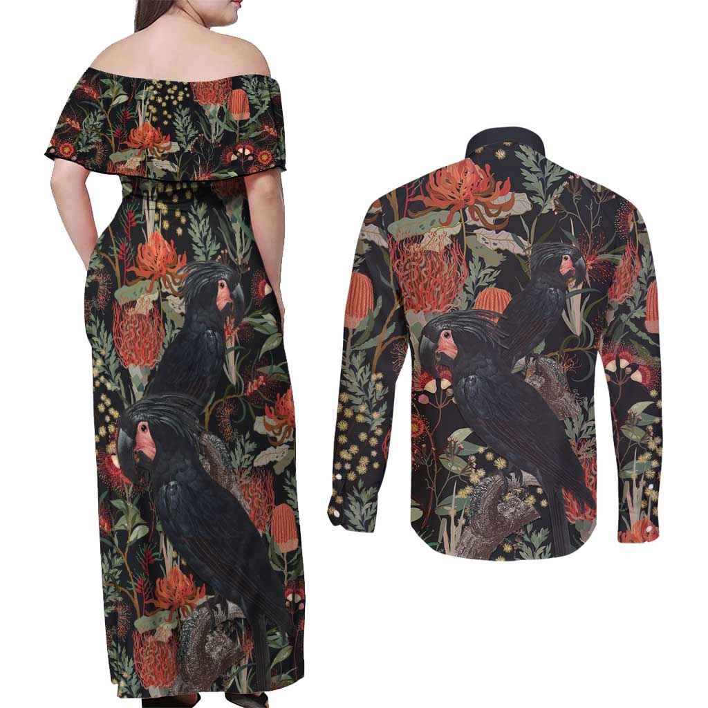 Australia Palm Cockatoo Couples Matching Off Shoulder Maxi Dress and Long Sleeve Button Shirt Aussie Native Flowers - Aussie Hoodie
