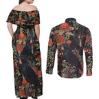 Australia Palm Cockatoo Couples Matching Off Shoulder Maxi Dress and Long Sleeve Button Shirt Aussie Native Flowers - Aussie Hoodie