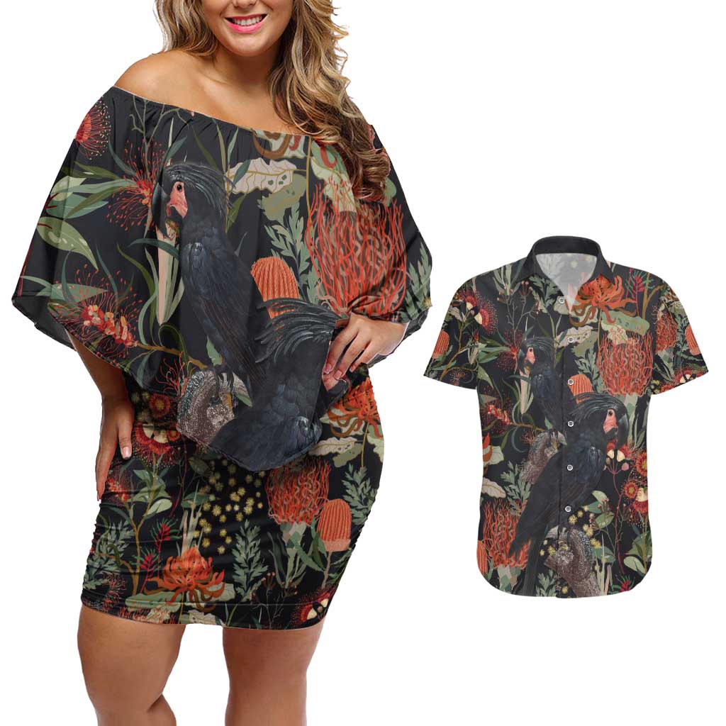 Australia Palm Cockatoo Couples Matching Off Shoulder Short Dress and Hawaiian Shirt Aussie Native Flowers - Aussie Hoodie