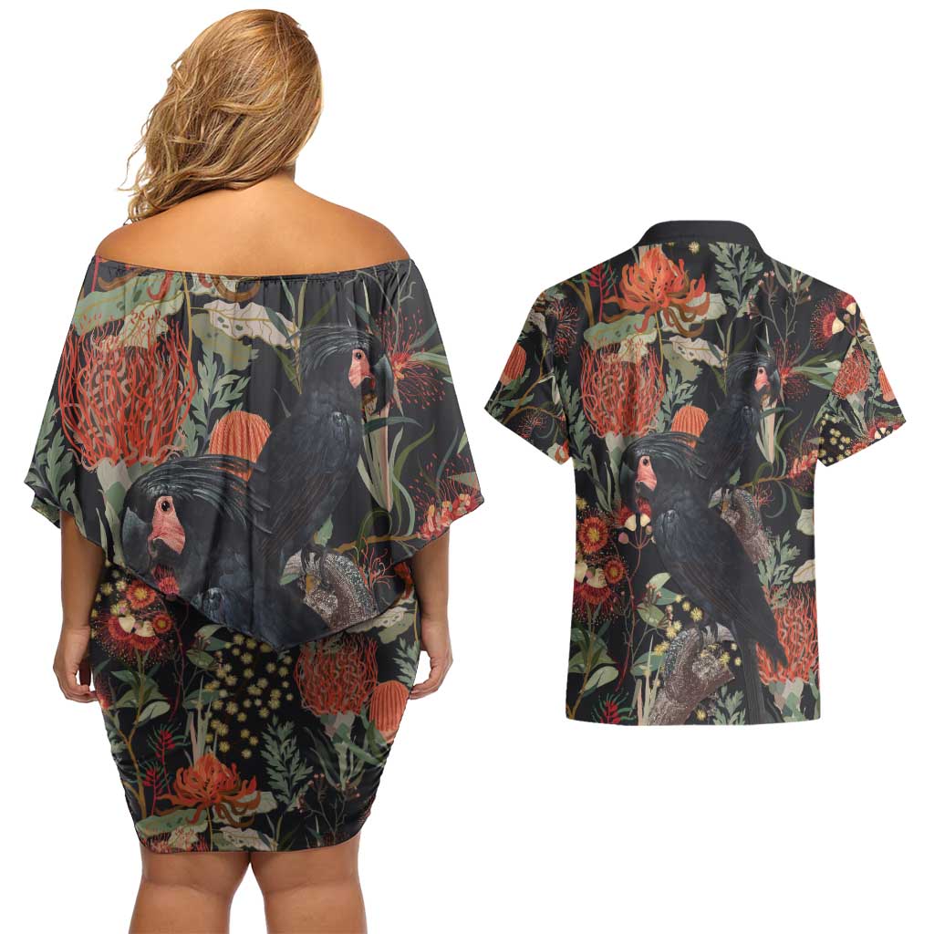 Australia Palm Cockatoo Couples Matching Off Shoulder Short Dress and Hawaiian Shirt Aussie Native Flowers - Aussie Hoodie