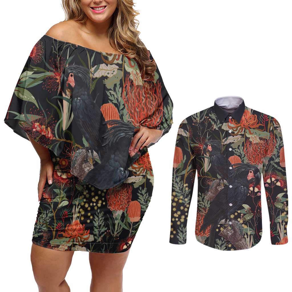 Australia Palm Cockatoo Couples Matching Off Shoulder Short Dress and Long Sleeve Button Shirt Aussie Native Flowers - Aussie Hoodie
