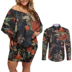 Australia Palm Cockatoo Couples Matching Off Shoulder Short Dress and Long Sleeve Button Shirt Aussie Native Flowers - Aussie Hoodie