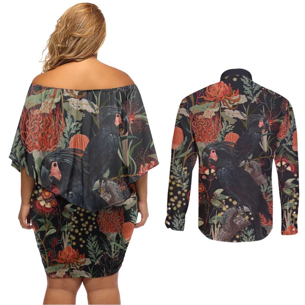 Australia Palm Cockatoo Couples Matching Off Shoulder Short Dress and Long Sleeve Button Shirt Aussie Native Flowers - Aussie Hoodie