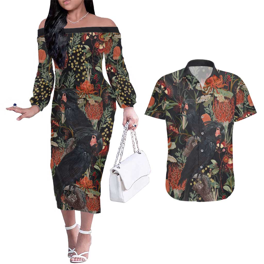 Australia Palm Cockatoo Couples Matching Off The Shoulder Long Sleeve Dress and Hawaiian Shirt Aussie Native Flowers - Aussie Hoodie