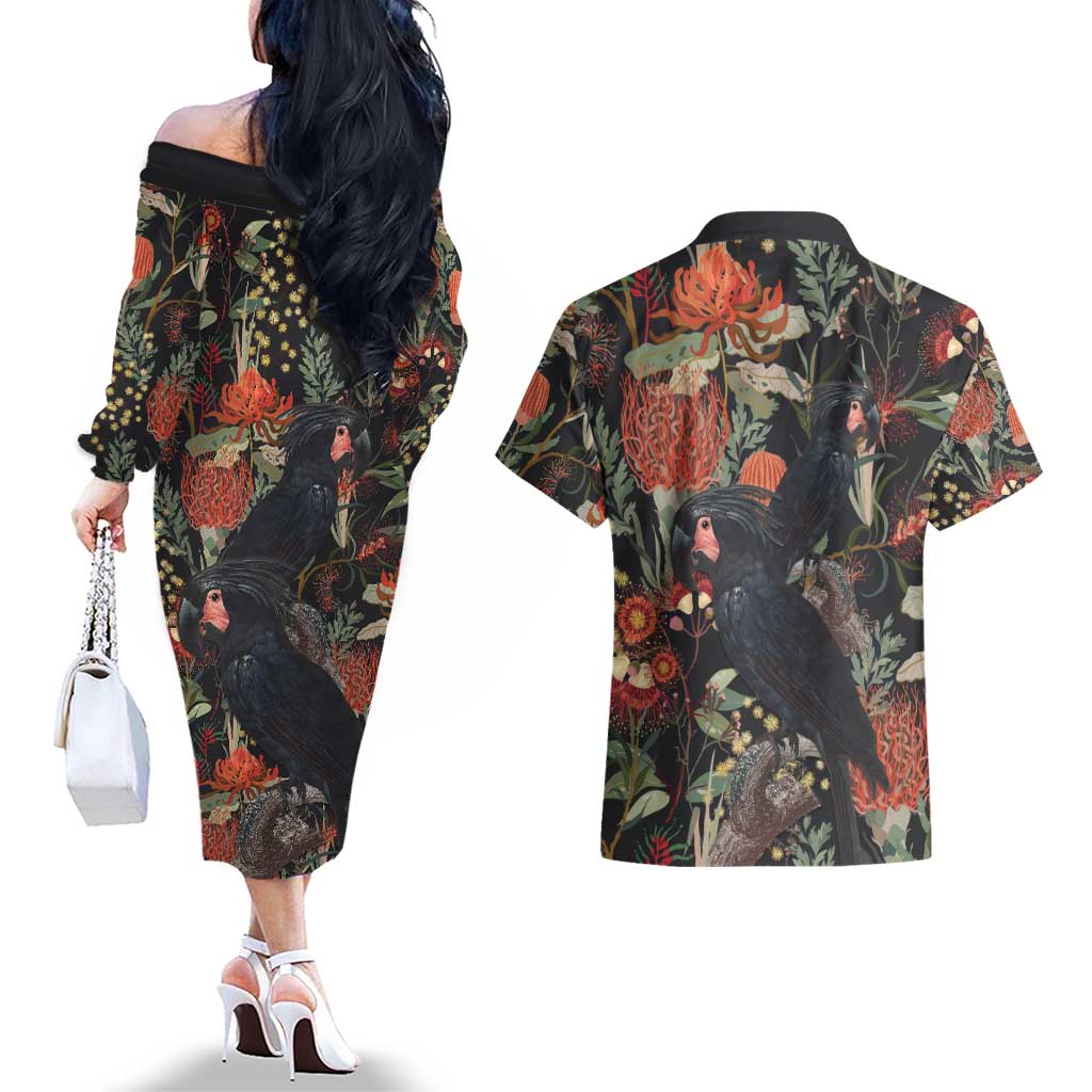Australia Palm Cockatoo Couples Matching Off The Shoulder Long Sleeve Dress and Hawaiian Shirt Aussie Native Flowers - Aussie Hoodie