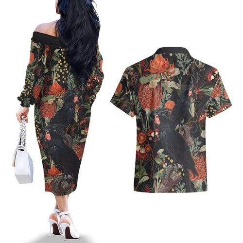 Australia Palm Cockatoo Couples Matching Off The Shoulder Long Sleeve Dress and Hawaiian Shirt Aussie Native Flowers - Aussie Hoodie
