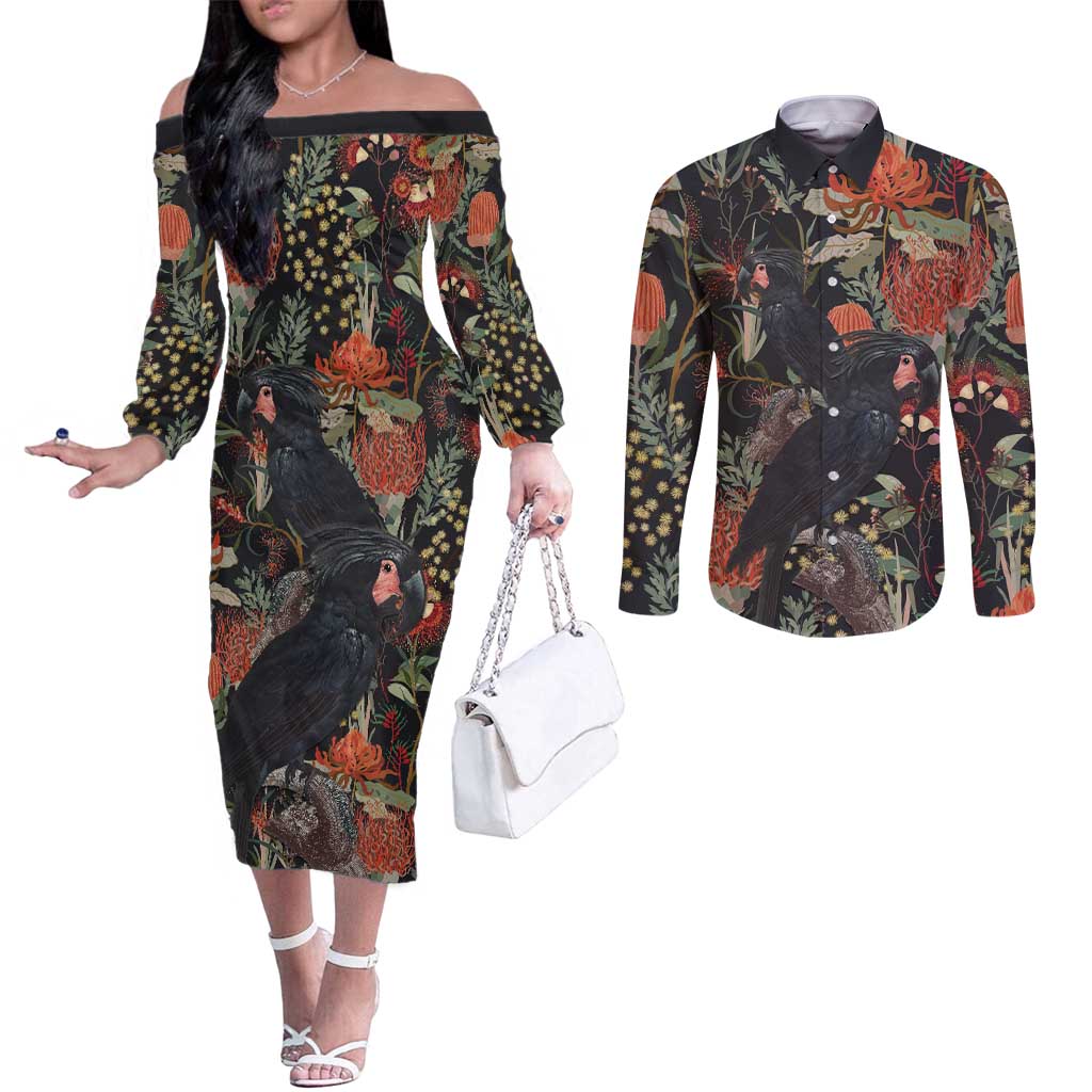 Australia Palm Cockatoo Couples Matching Off The Shoulder Long Sleeve Dress and Long Sleeve Button Shirt Aussie Native Flowers - Aussie Hoodie