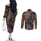 Australia Palm Cockatoo Couples Matching Off The Shoulder Long Sleeve Dress and Long Sleeve Button Shirt Aussie Native Flowers - Aussie Hoodie