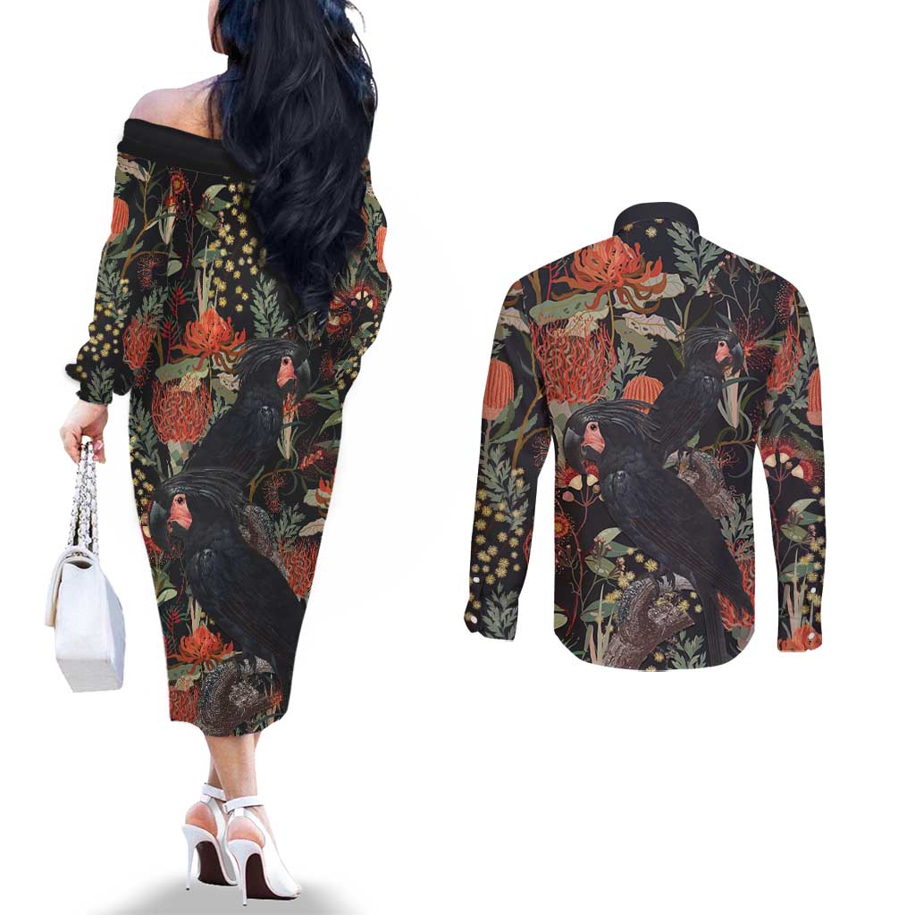 Australia Palm Cockatoo Couples Matching Off The Shoulder Long Sleeve Dress and Long Sleeve Button Shirt Aussie Native Flowers - Aussie Hoodie