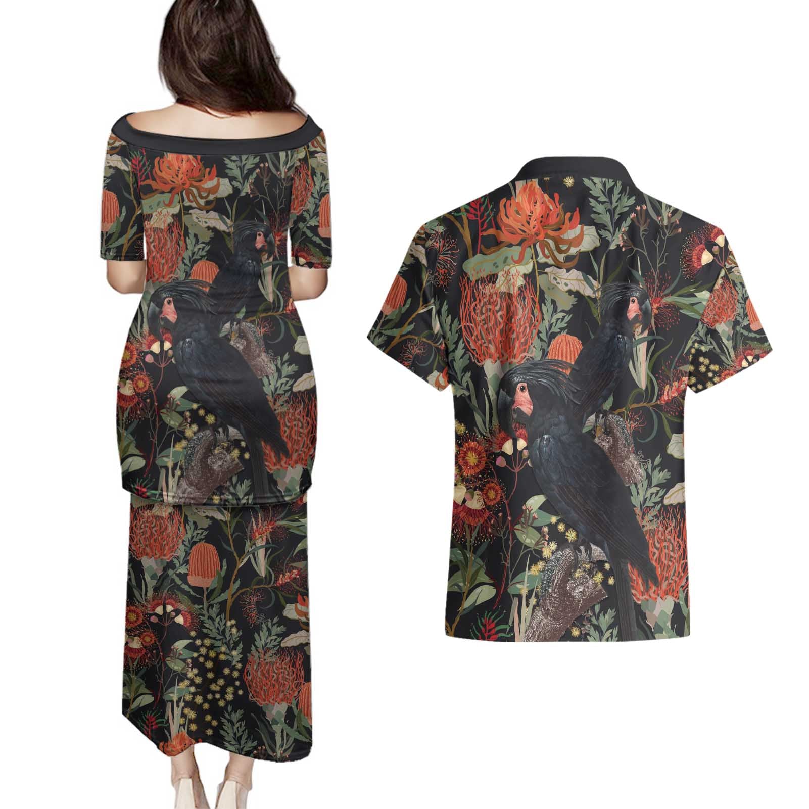 Australia Palm Cockatoo Couples Matching Puletasi and Hawaiian Shirt Aussie Native Flowers - Aussie Hoodie