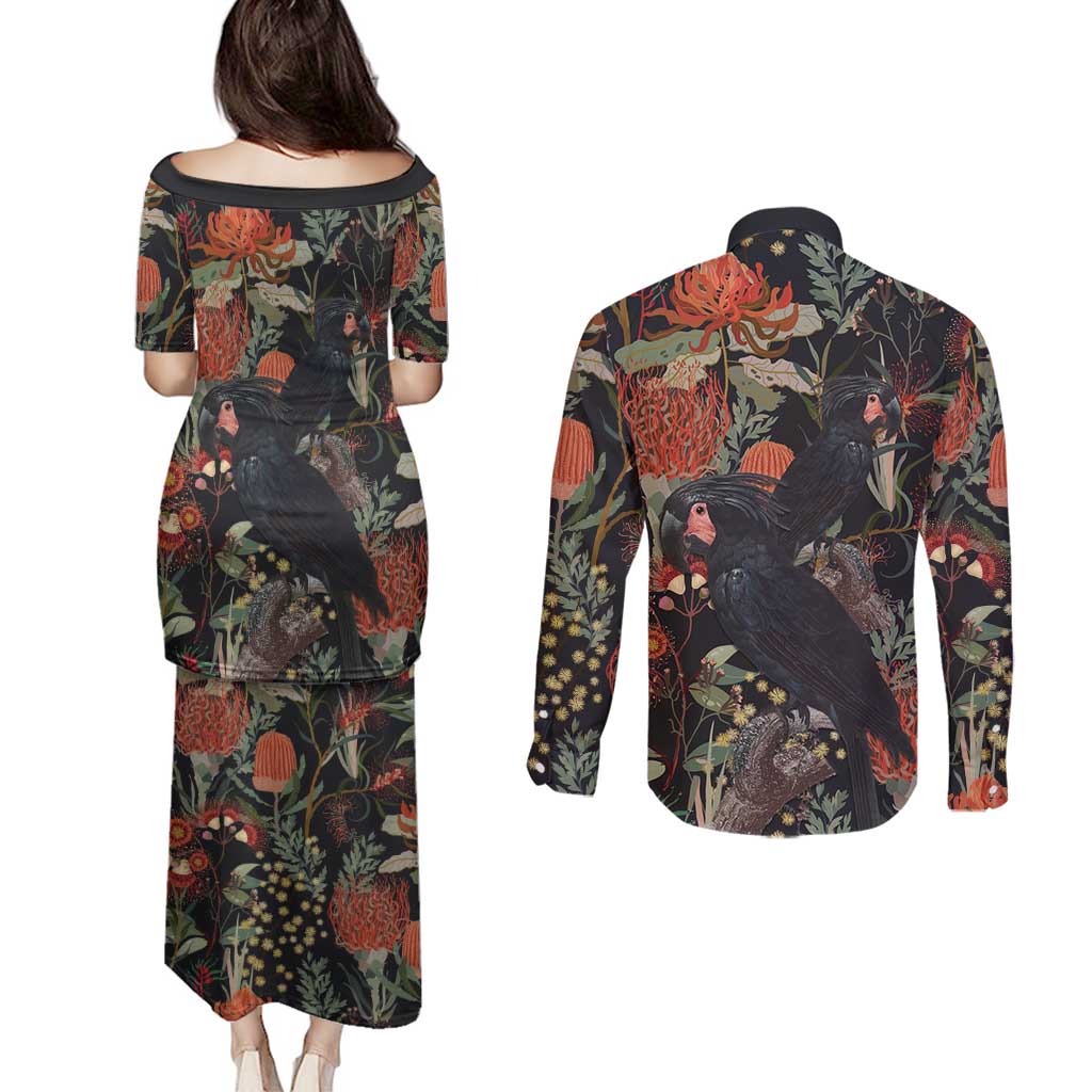 Australia Palm Cockatoo Couples Matching Puletasi and Long Sleeve Button Shirt Aussie Native Flowers - Aussie Hoodie