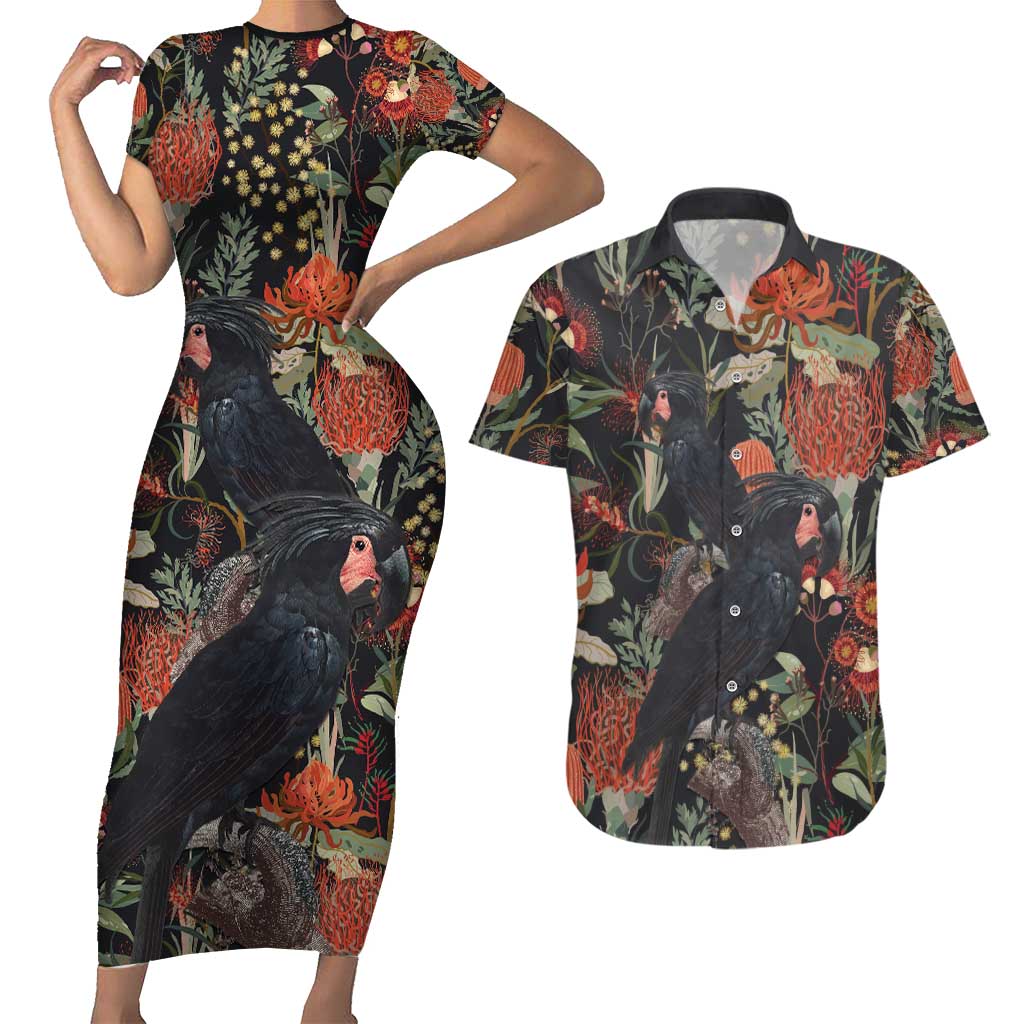 Australia Palm Cockatoo Couples Matching Short Sleeve Bodycon Dress and Hawaiian Shirt Aussie Native Flowers - Aussie Hoodie