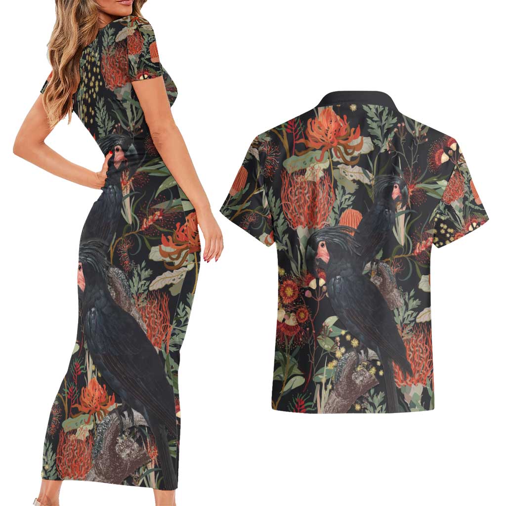 Australia Palm Cockatoo Couples Matching Short Sleeve Bodycon Dress and Hawaiian Shirt Aussie Native Flowers - Aussie Hoodie