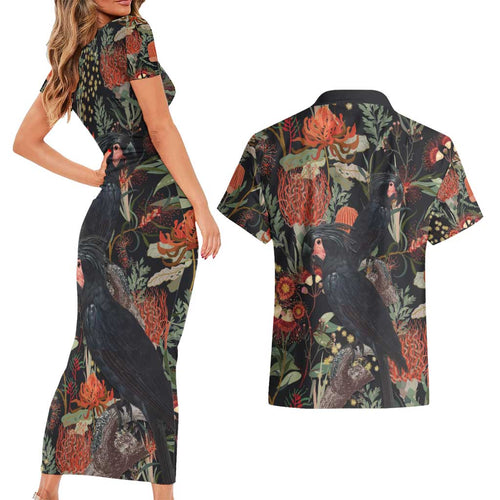 Australia Palm Cockatoo Couples Matching Short Sleeve Bodycon Dress and Hawaiian Shirt Aussie Native Flowers - Aussie Hoodie