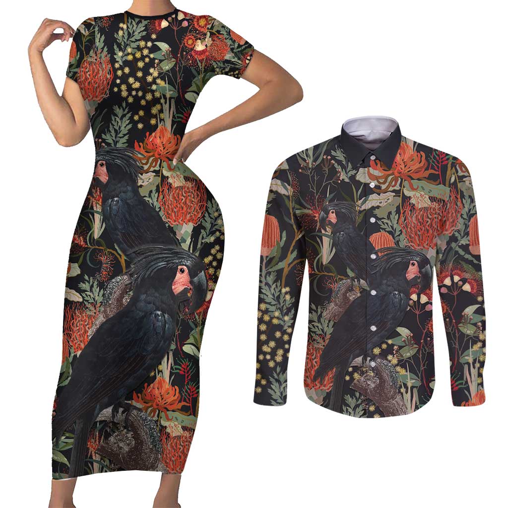 Australia Palm Cockatoo Couples Matching Short Sleeve Bodycon Dress and Long Sleeve Button Shirt Aussie Native Flowers - Aussie Hoodie