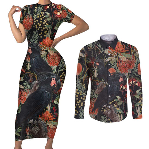 Australia Palm Cockatoo Couples Matching Short Sleeve Bodycon Dress and Long Sleeve Button Shirt Aussie Native Flowers - Aussie Hoodie