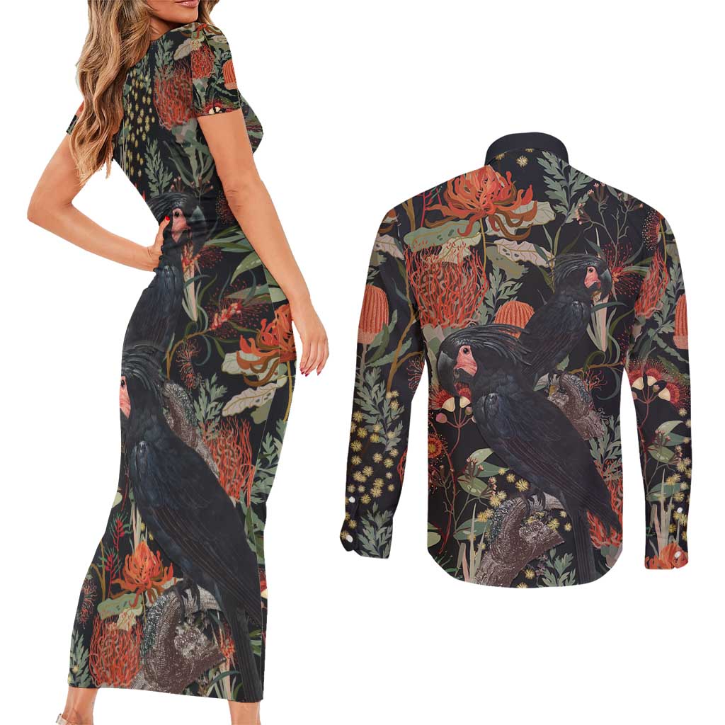 Australia Palm Cockatoo Couples Matching Short Sleeve Bodycon Dress and Long Sleeve Button Shirt Aussie Native Flowers - Aussie Hoodie