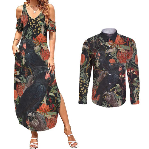 Australia Palm Cockatoo Couples Matching Summer Maxi Dress and Long Sleeve Button Shirt Aussie Native Flowers - Aussie Hoodie