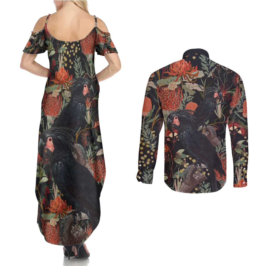 Australia Palm Cockatoo Couples Matching Summer Maxi Dress and Long Sleeve Button Shirt Aussie Native Flowers - Aussie Hoodie
