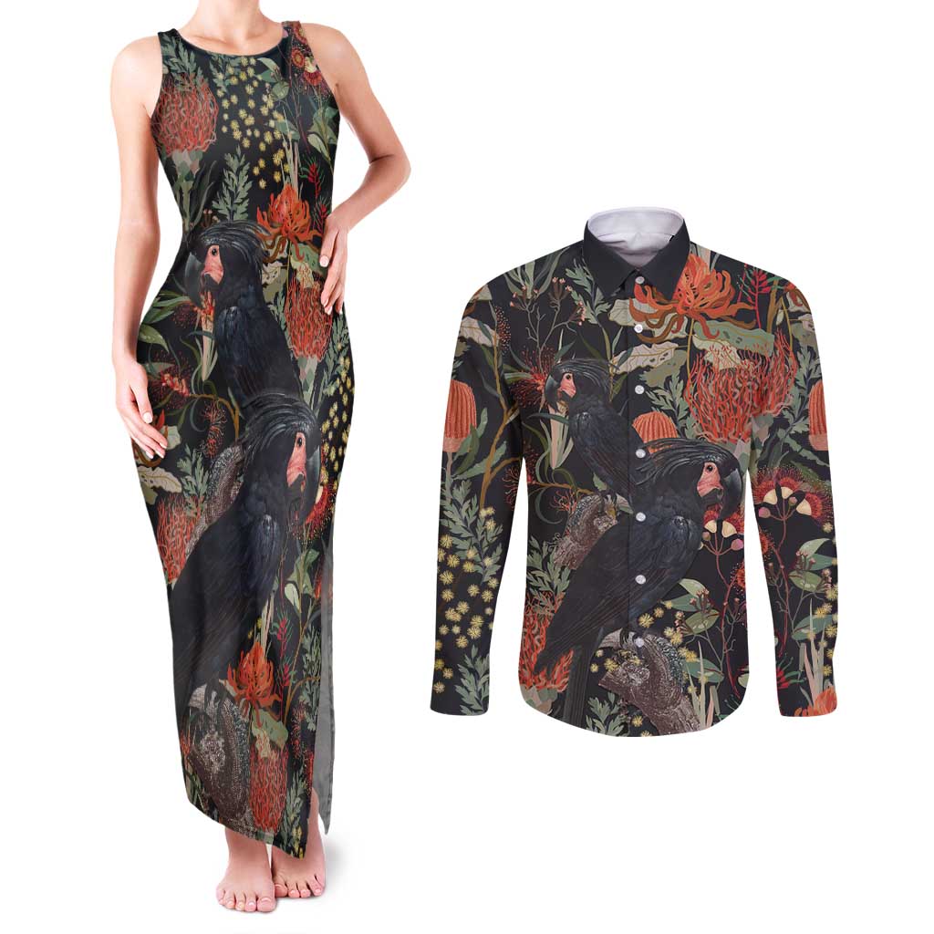Australia Palm Cockatoo Couples Matching Tank Maxi Dress and Long Sleeve Button Shirt Aussie Native Flowers - Aussie Hoodie