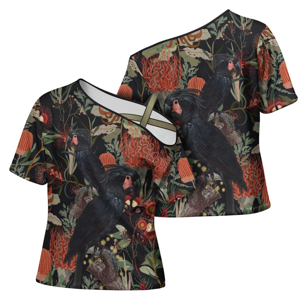 Australia Palm Cockatoo Cross Shoulder Shirt Aussie Native Flowers - Aussie Hoodie
