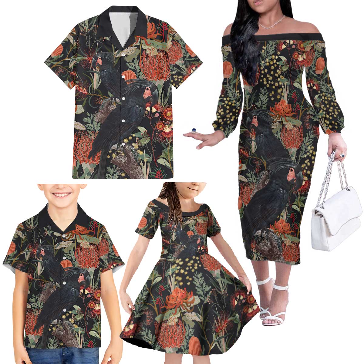 Australia Palm Cockatoo Family Matching Off The Shoulder Long Sleeve Dress and Hawaiian Shirt Aussie Native Flowers - Aussie Hoodie