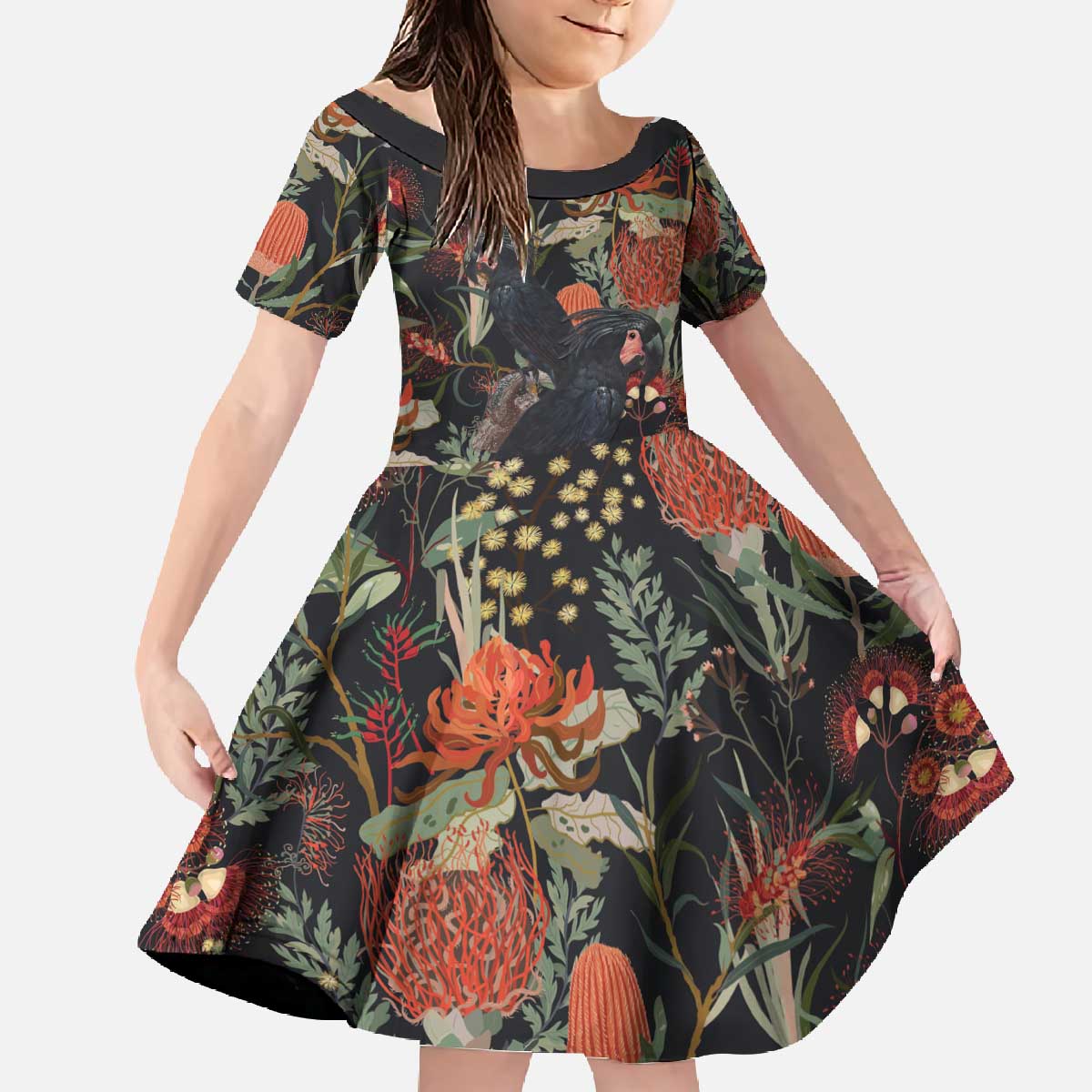 Australia Palm Cockatoo Family Matching Off The Shoulder Long Sleeve Dress and Hawaiian Shirt Aussie Native Flowers - Aussie Hoodie