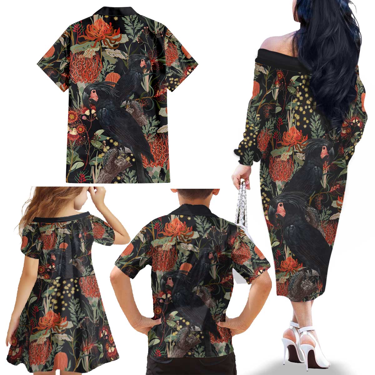 Australia Palm Cockatoo Family Matching Off The Shoulder Long Sleeve Dress and Hawaiian Shirt Aussie Native Flowers - Aussie Hoodie