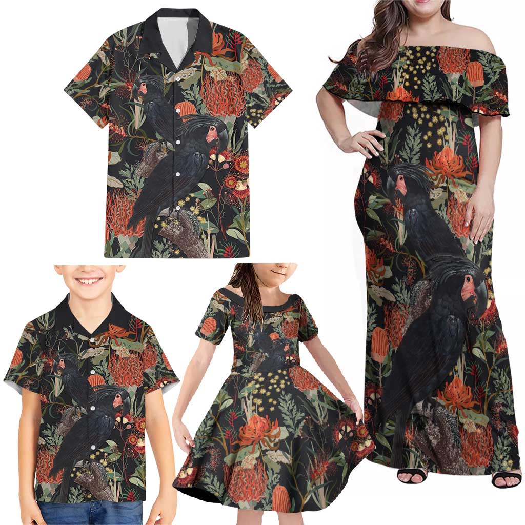 Australia Palm Cockatoo Family Matching Off Shoulder Maxi Dress and Hawaiian Shirt Aussie Native Flowers - Aussie Hoodie