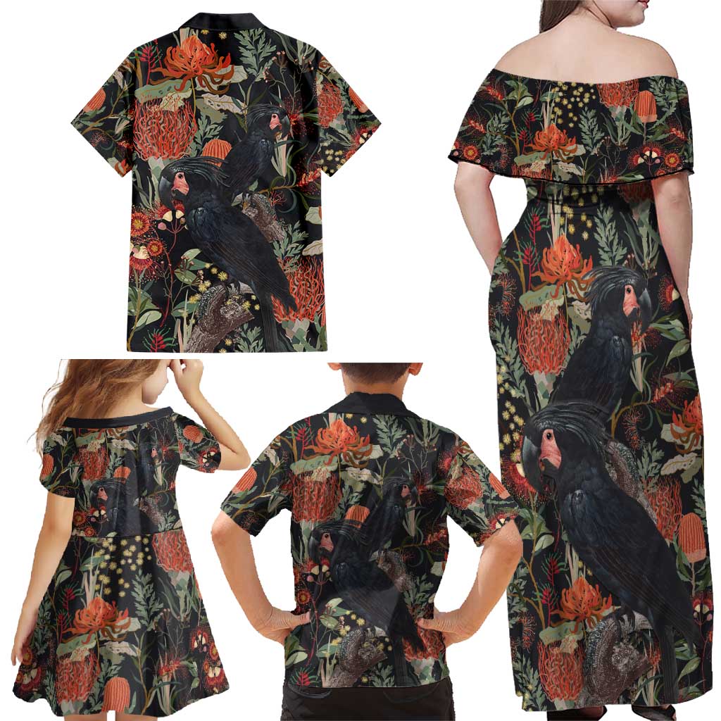 Australia Palm Cockatoo Family Matching Off Shoulder Maxi Dress and Hawaiian Shirt Aussie Native Flowers - Aussie Hoodie